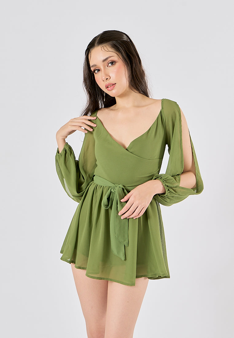 Torry Green Chiffon Hollow Balloon Sleeve Mini Dress