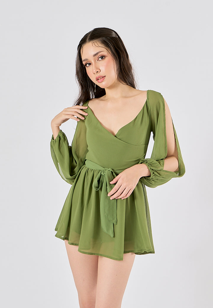 Torry Green Chiffon Hollow Balloon Sleeve Mini Dress