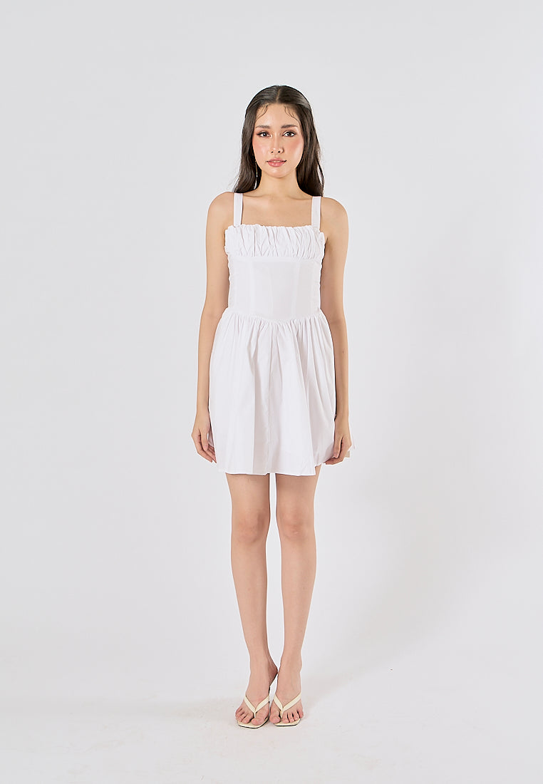 Quirina White Shoulder Strap  Pleated Mini Dress