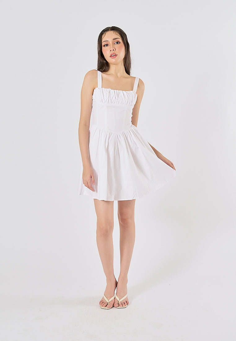 Quirina White Shoulder Strap  Pleated Mini Dress