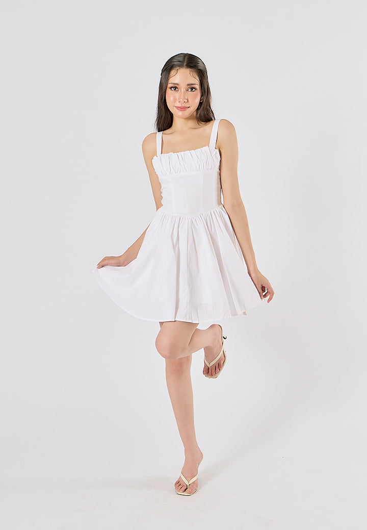 Quirina White Shoulder Strap  Pleated Mini Dress
