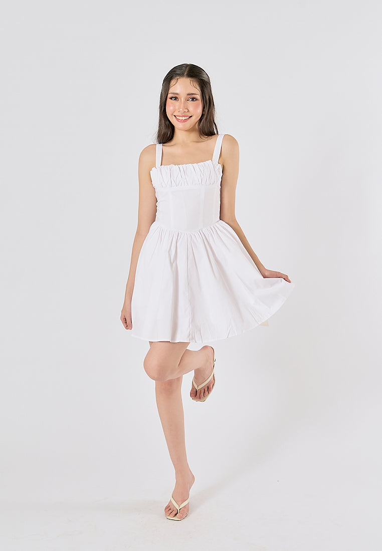 Quirina White Shoulder Strap  Pleated Mini Dress