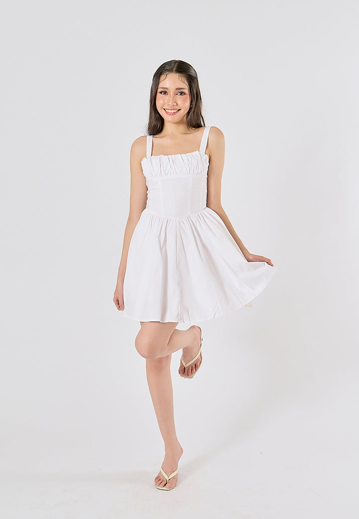 Quirina White Shoulder Strap  Pleated Mini Dress