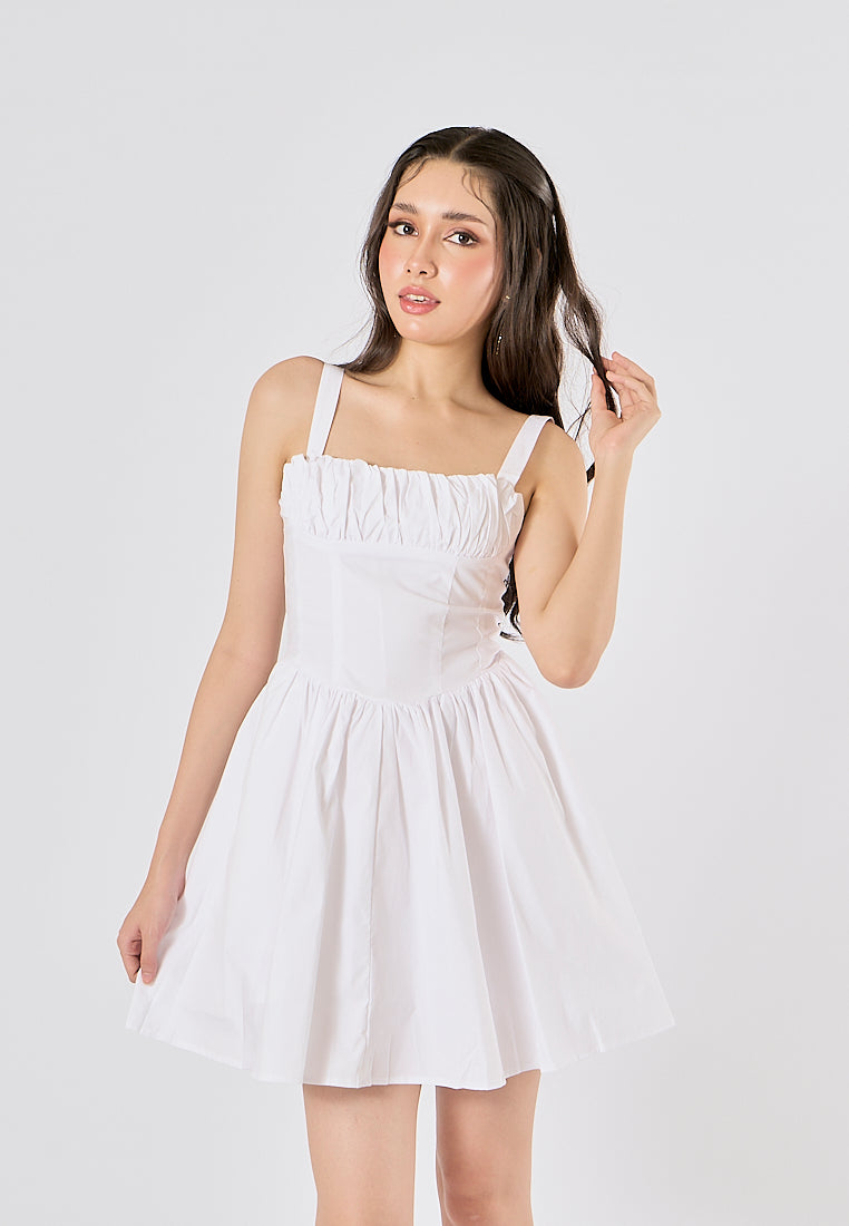 Quirina White Shoulder Strap  Pleated Mini Dress
