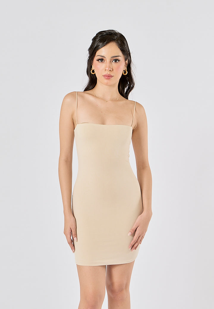 Silena Beige Seamless Sleeveless Spaghetti Strap Mini Dress