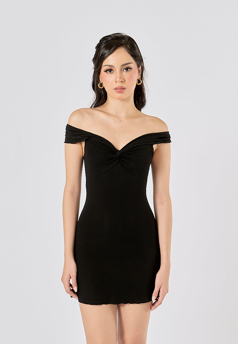 Donatella Black  Off-shoulder Bodycon Rib Knit Mini Dress
