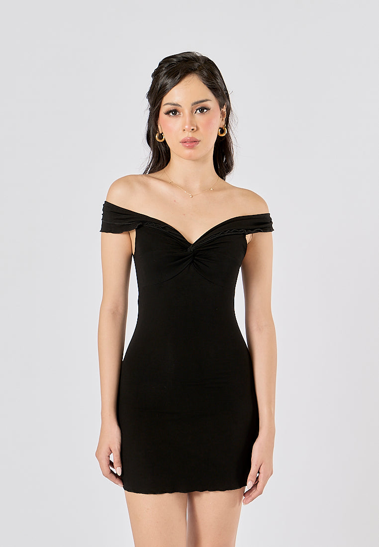 Donatella Black  Off-shoulder Bodycon Rib Knit Mini Dress