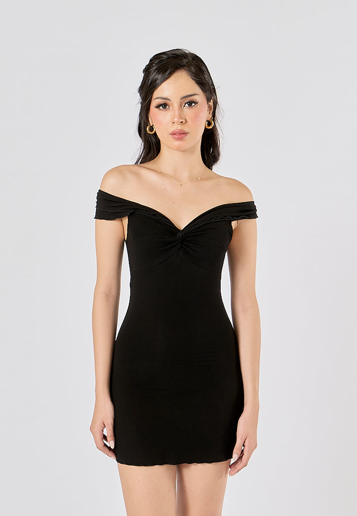 Donatella Black  Off-shoulder Bodycon Rib Knit Mini Dress