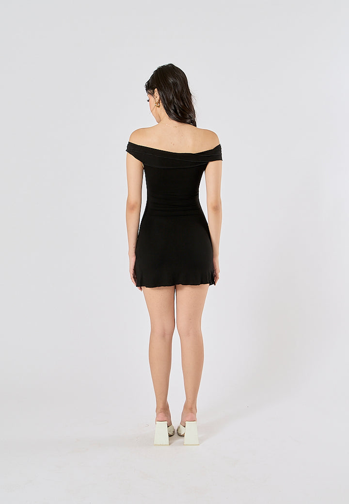 Donatella Black  Off-shoulder Bodycon Rib Knit Mini Dress