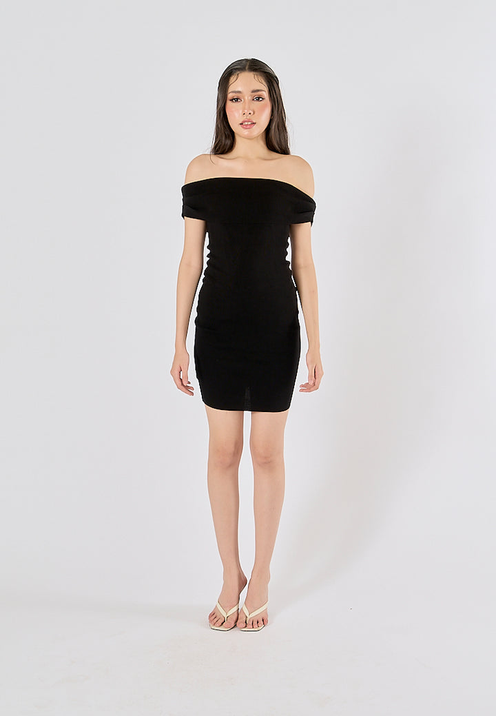 Amadea Black Slash Neck Sleeveless Knit Mini Dress
