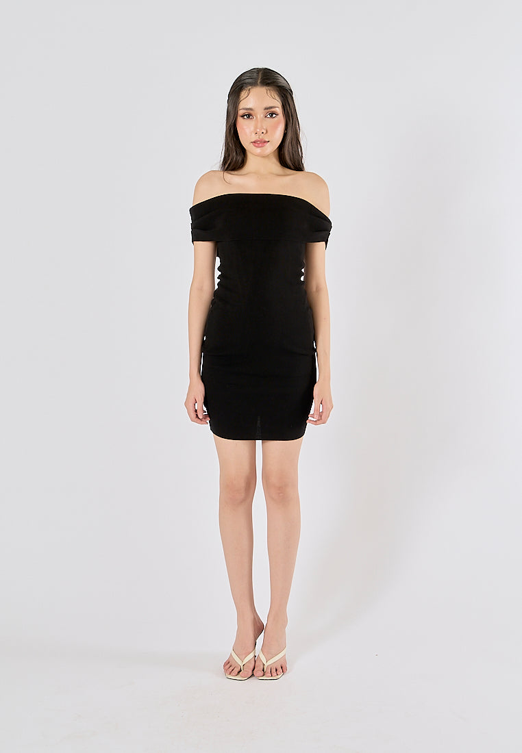 Amadea Black Slash Neck Sleeveless Knit Mini Dress