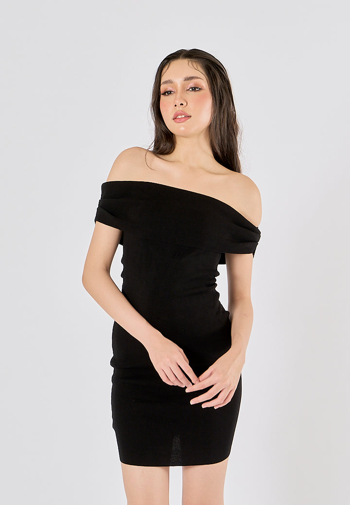 Amadea Black Slash Neck Sleeveless Knit Mini Dress