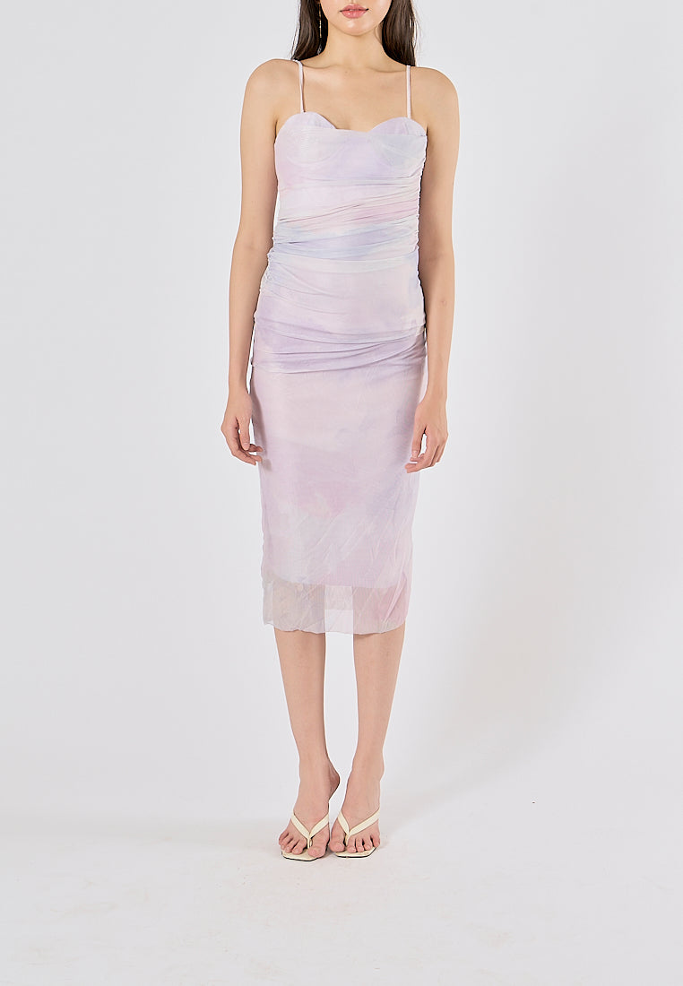 Ruzanna Lilac Bustier Thin Strap Pleated Long Slip Dress