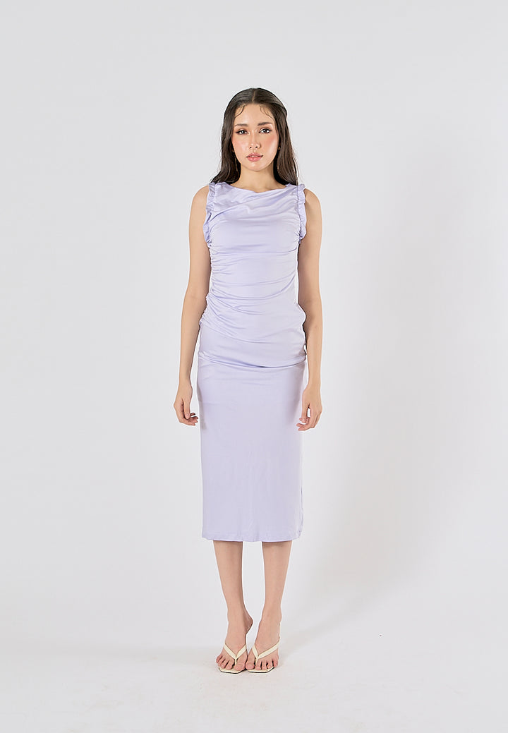 Corrine Lilac Crew Neck Pleated Sleeveless Back slit Midi Dress