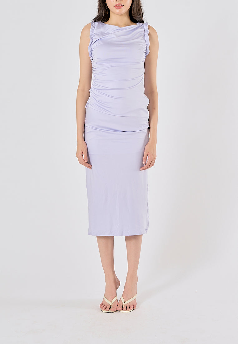 Corrine Lilac Crew Neck Pleated Sleeveless Back slit Midi Dress