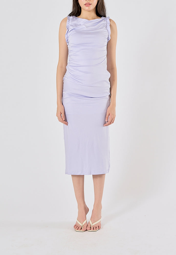 Corrine Lilac Crew Neck Pleated Sleeveless Back slit Midi Dress