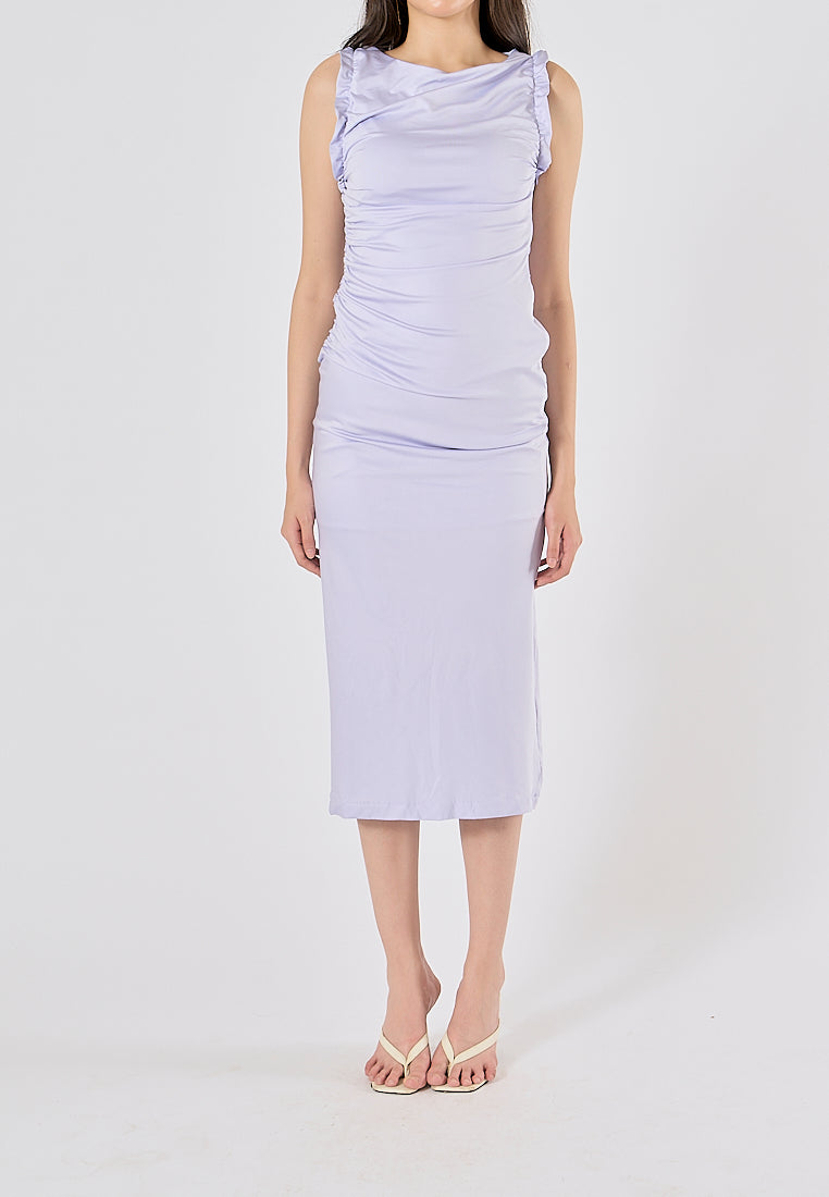 Corrine Lilac Crew Neck Pleated Sleeveless Back slit Midi Dress
