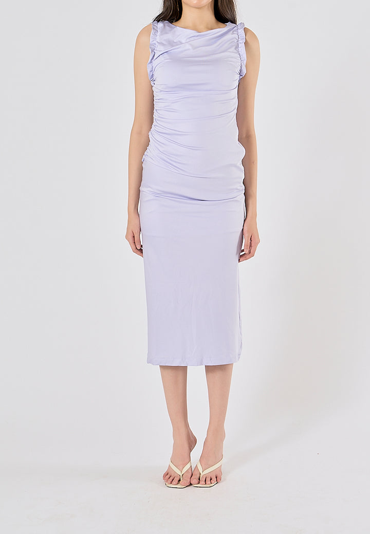 Corrine Lilac Crew Neck Pleated Sleeveless Back slit Midi Dress