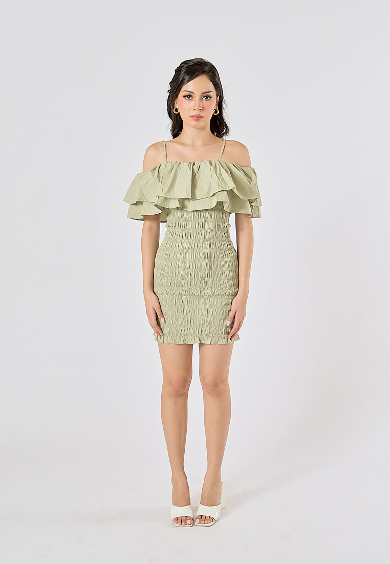 Veridian Pastel Green Smocked Off Shoulder Mini Slip Dress