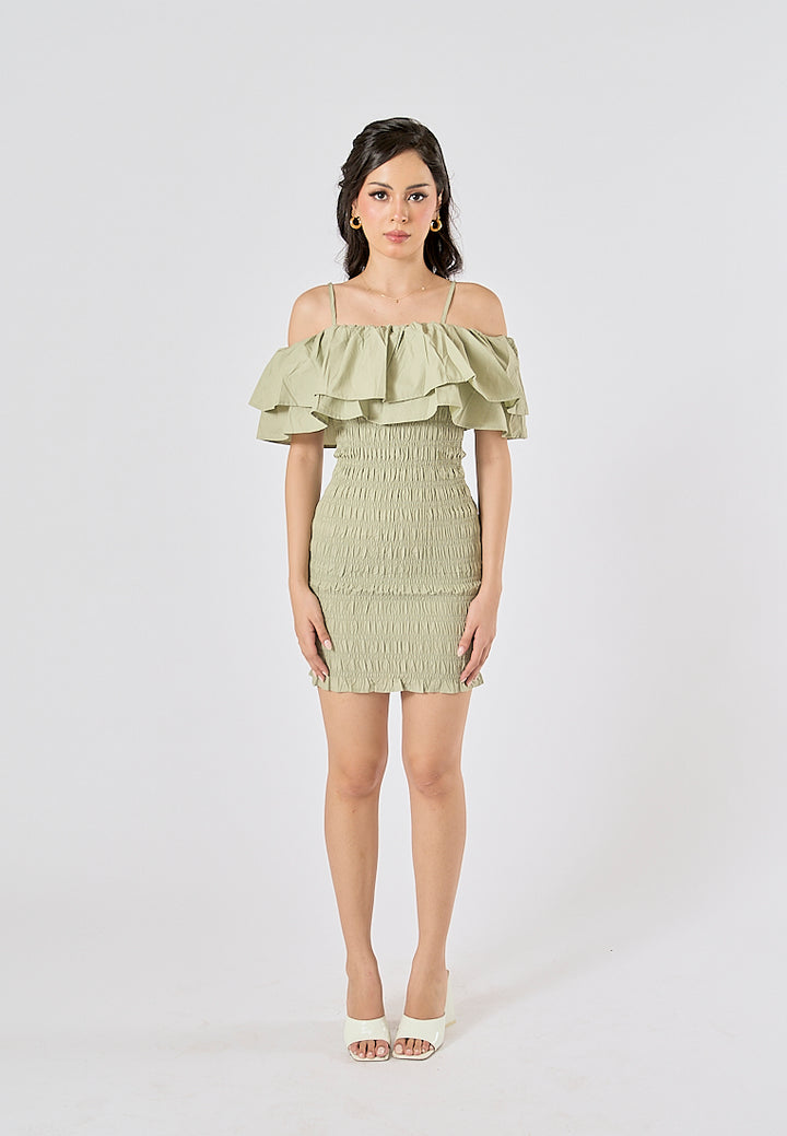 Veridian Pastel Green Smocked Off Shoulder Mini Slip Dress