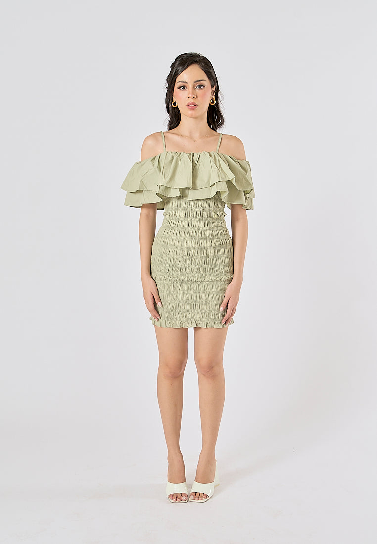 Veridian Pastel Green Smocked Off Shoulder Mini Slip Dress