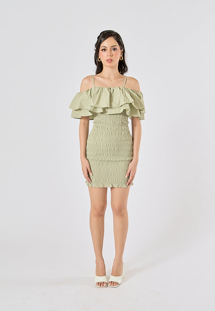 Veridian Pastel Green Smocked Off Shoulder Mini Slip Dress