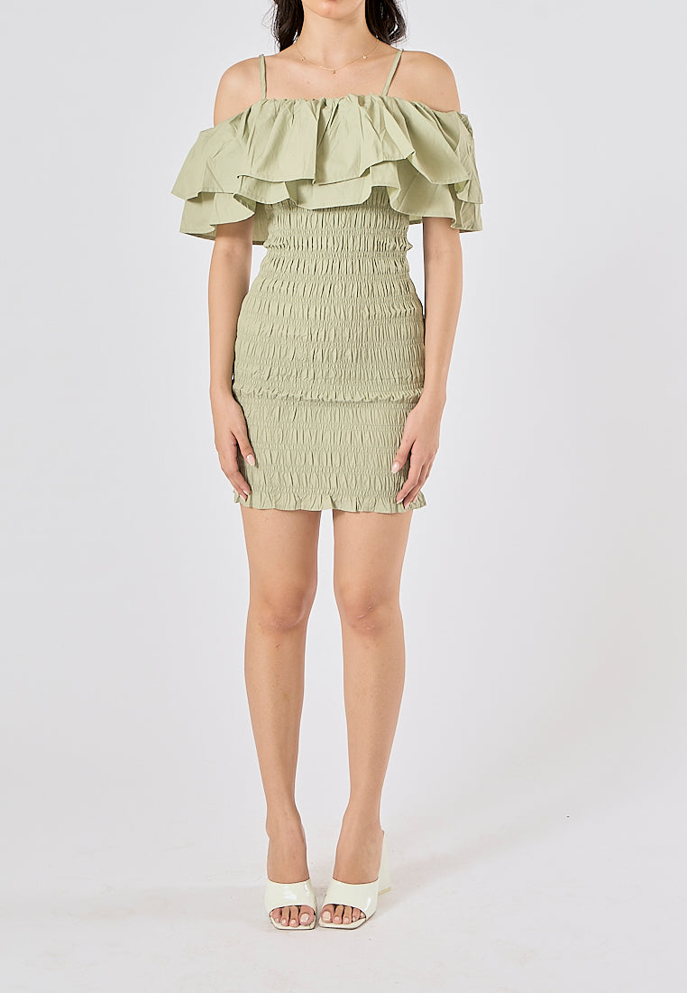 Veridian Pastel Green Smocked Off Shoulder Mini Slip Dress