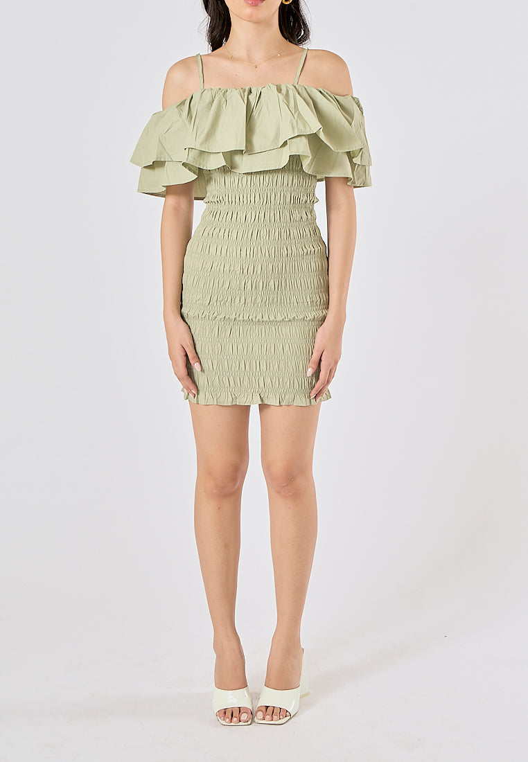 Veridian Pastel Green Smocked Off Shoulder Mini Slip Dress