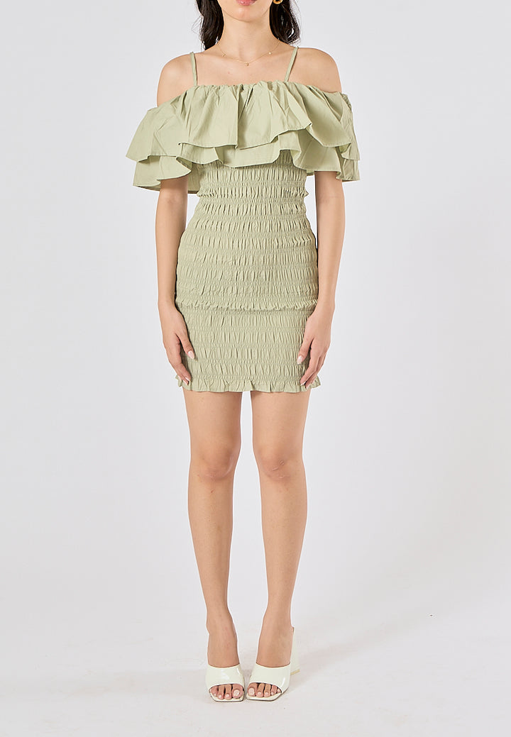 Veridian Pastel Green Smocked Off Shoulder Mini Slip Dress