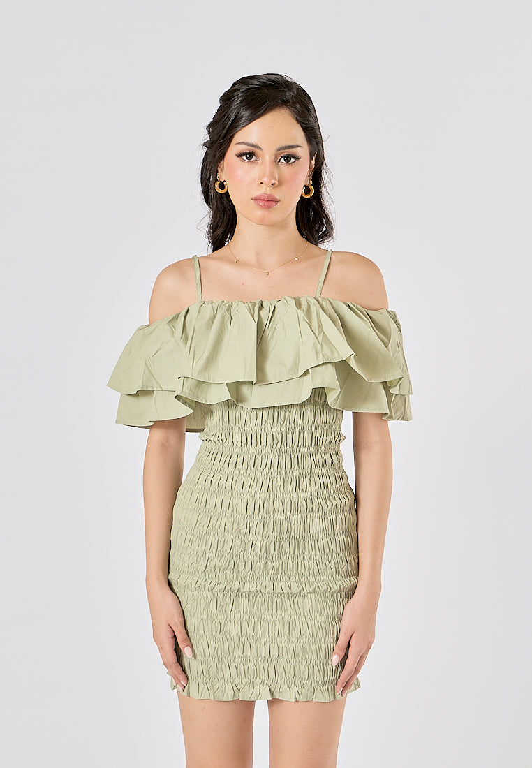 Veridian Pastel Green Smocked Off Shoulder Mini Slip Dress