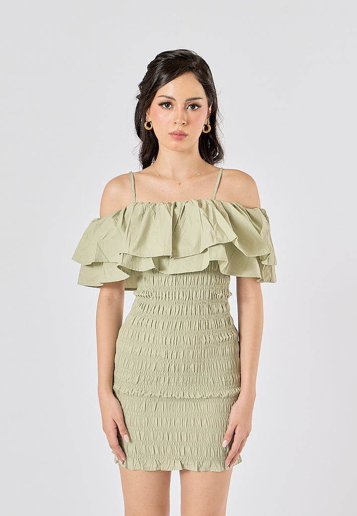 Veridian Pastel Green Smocked Off Shoulder Mini Slip Dress