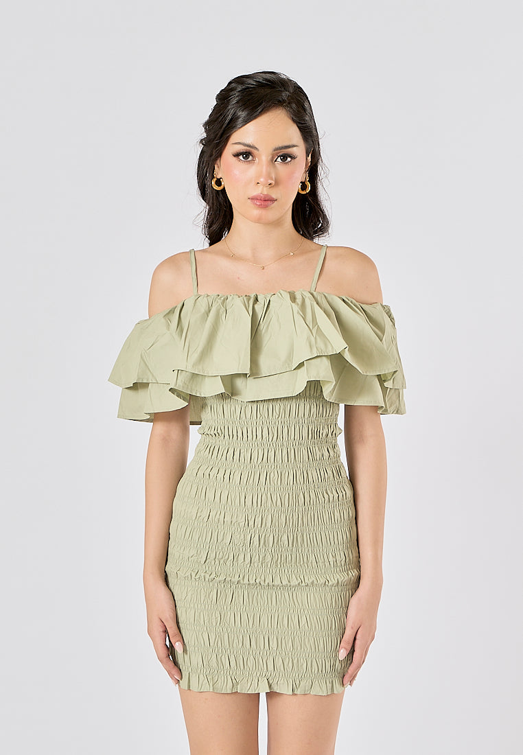 Veridian Pastel Green Smocked Off Shoulder Mini Slip Dress