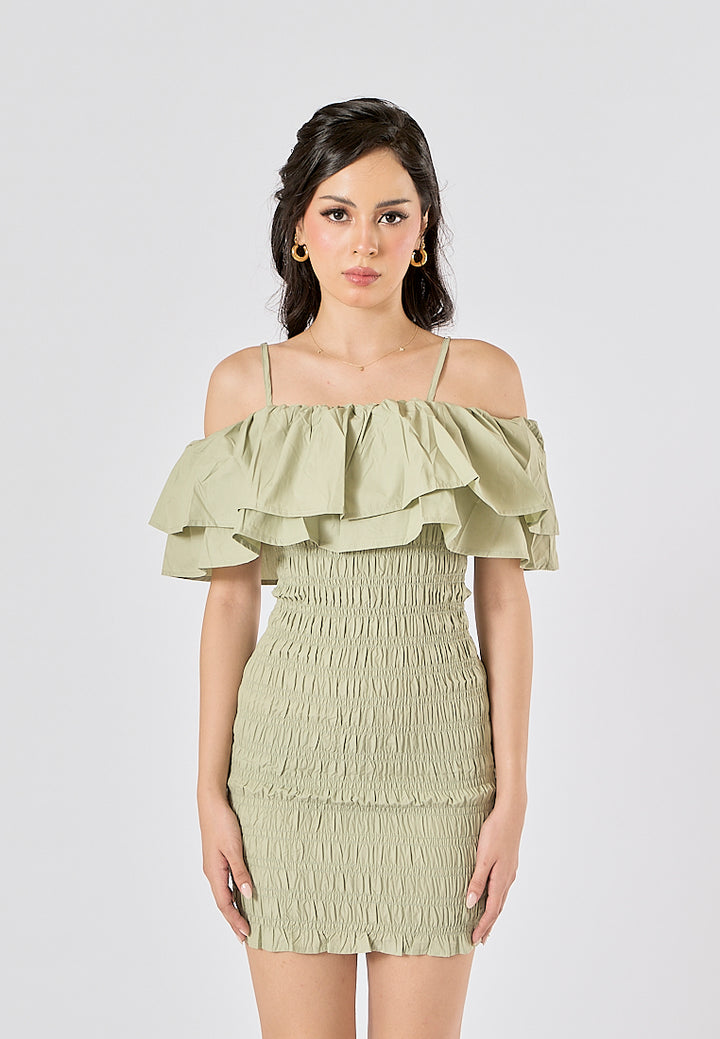 Veridian Pastel Green Smocked Off Shoulder Mini Slip Dress