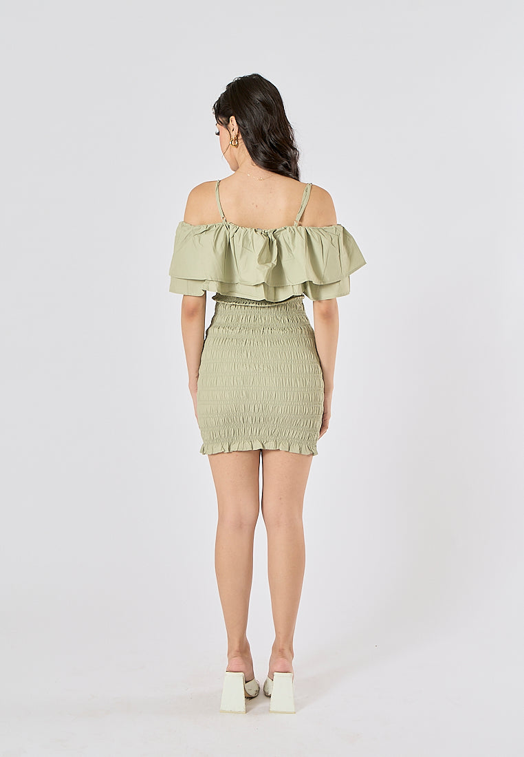 Veridian Pastel Green Smocked Off Shoulder Mini Slip Dress