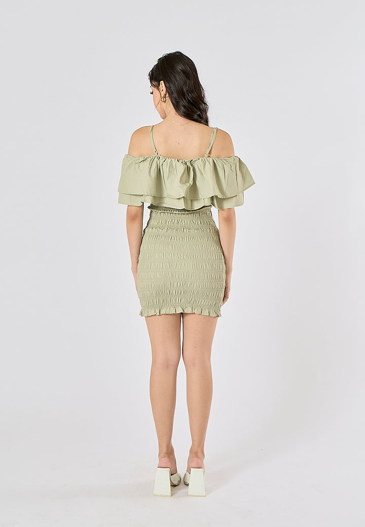 Veridian Pastel Green Smocked Off Shoulder Mini Slip Dress