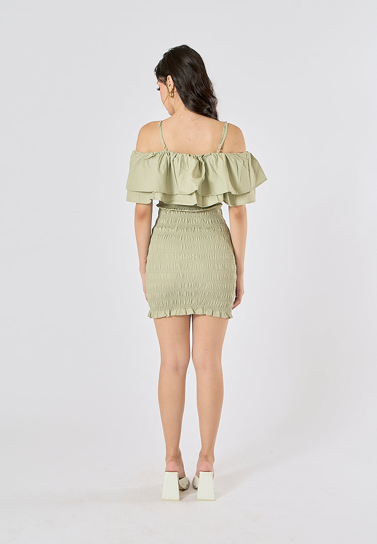 Veridian Pastel Green Smocked Off Shoulder Mini Slip Dress