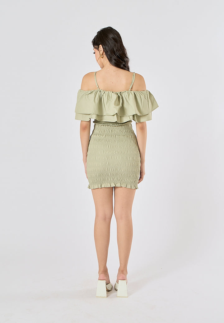 Veridian Pastel Green Smocked Off Shoulder Mini Slip Dress