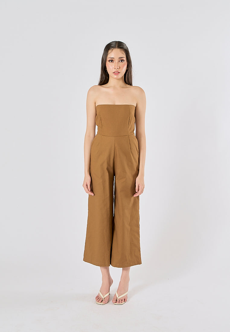 Paloma Wood Brown Smocked Back Square Cut Tube Jumpsuit