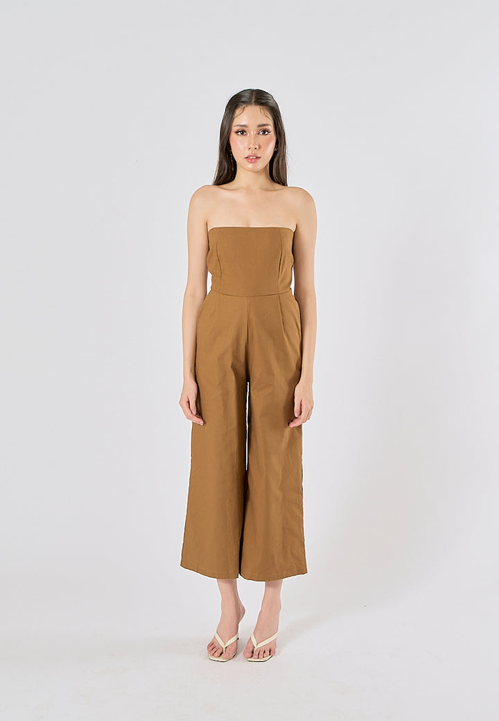 Paloma Wood Brown Smocked Back Square Cut Tube Jumpsuit
