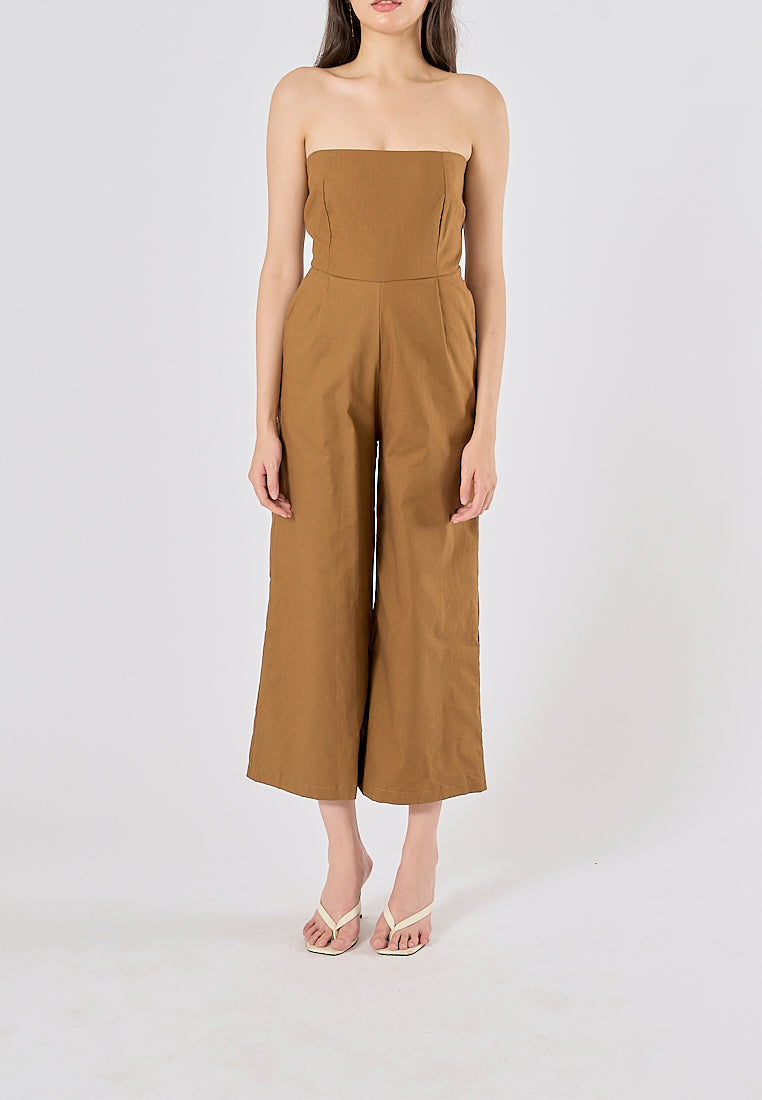 Paloma Wood Brown Smocked Back Square Cut Tube Jumpsuit