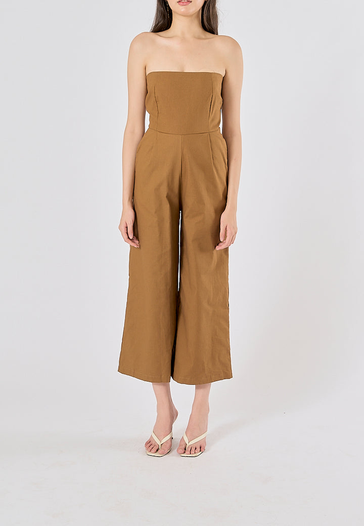 Paloma Wood Brown Smocked Back Square Cut Tube Jumpsuit