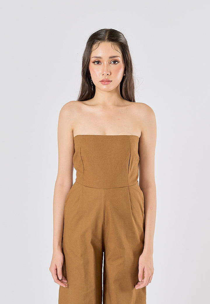 Paloma Wood Brown Smocked Back Square Cut Tube Jumpsuit