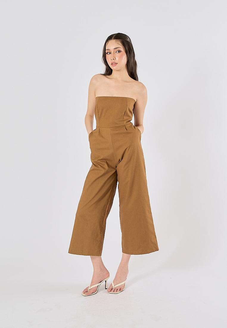 Paloma Wood Brown Smocked Back Square Cut Tube Jumpsuit