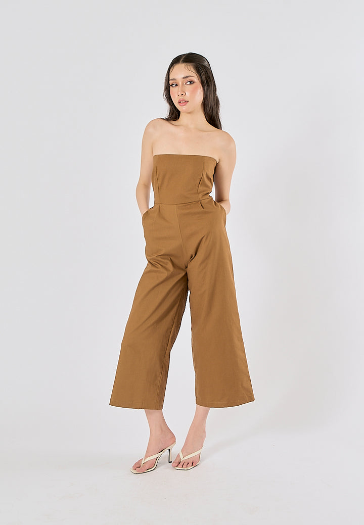 Paloma Wood Brown Smocked Back Square Cut Tube Jumpsuit