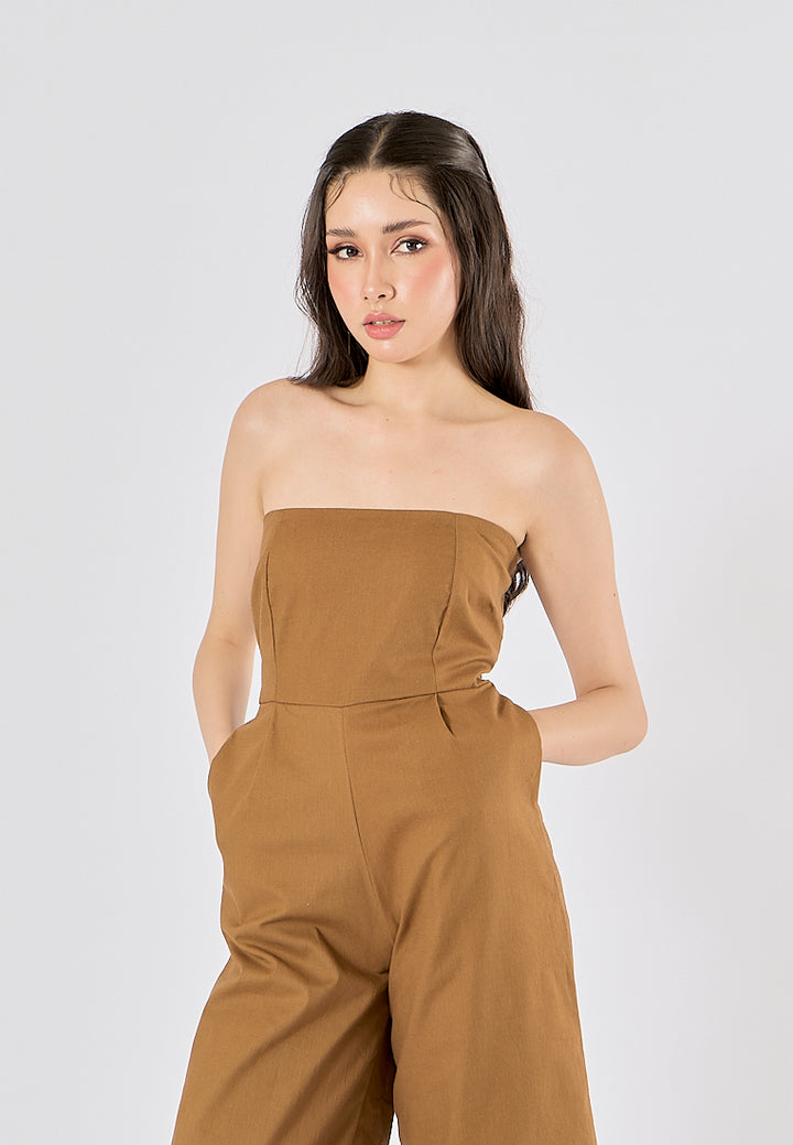 Paloma Wood Brown Smocked Back Square Cut Tube Jumpsuit