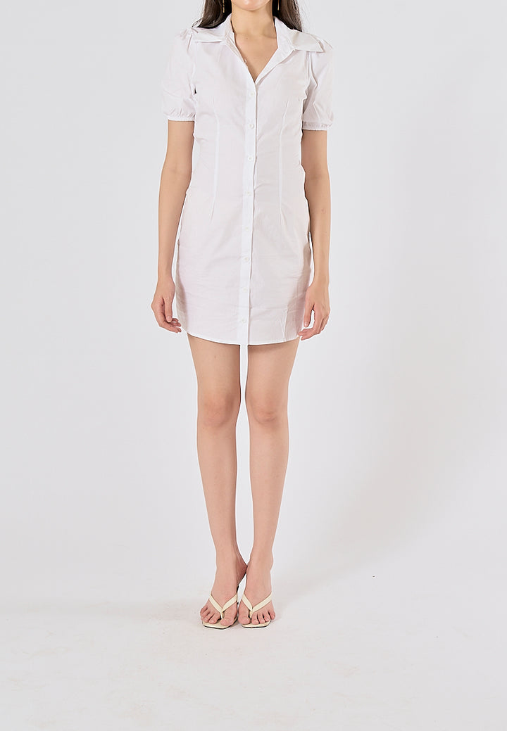 Dorset White Turn Down Collar Short Sleeves Hollow Out Back Buttondown Mini Dress