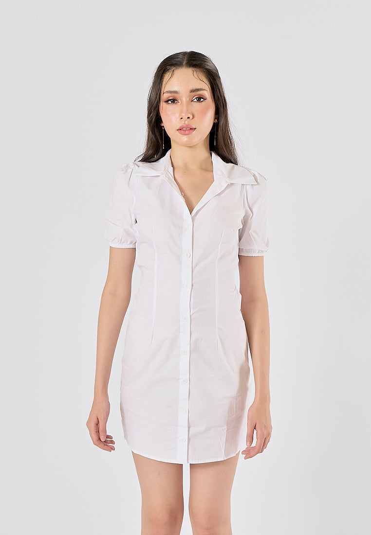 Dorset White Turn Down Collar Short Sleeves Hollow Out Back Buttondown Mini Dress