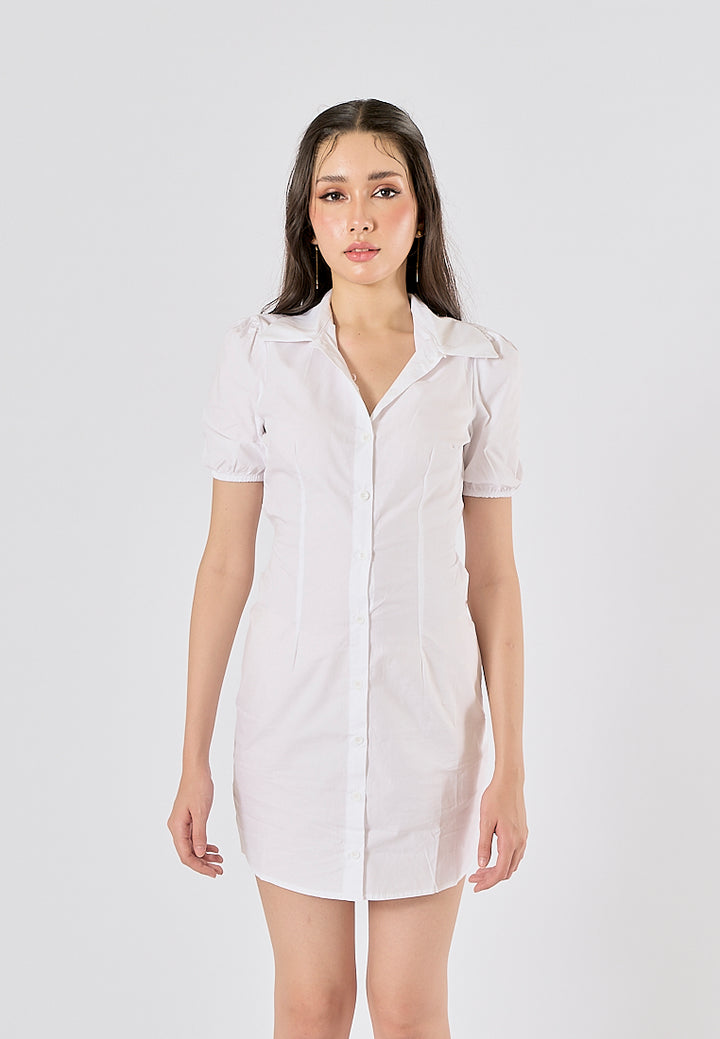 Dorset White Turn Down Collar Short Sleeves Hollow Out Back Buttondown Mini Dress