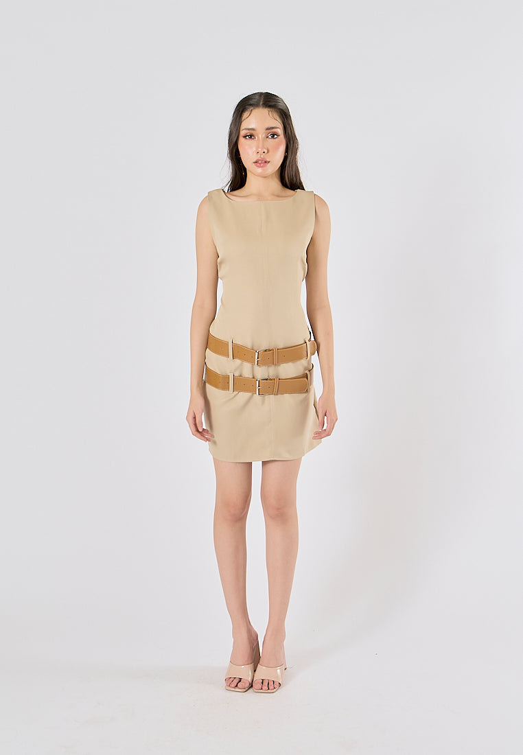Dardrane Beige Sashes Boat Neck Neck Mini Dress