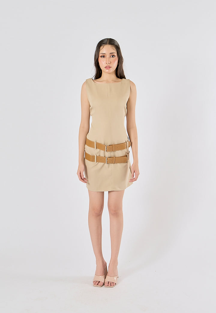 Dardrane Beige Sashes Boat Neck Neck Mini Dress